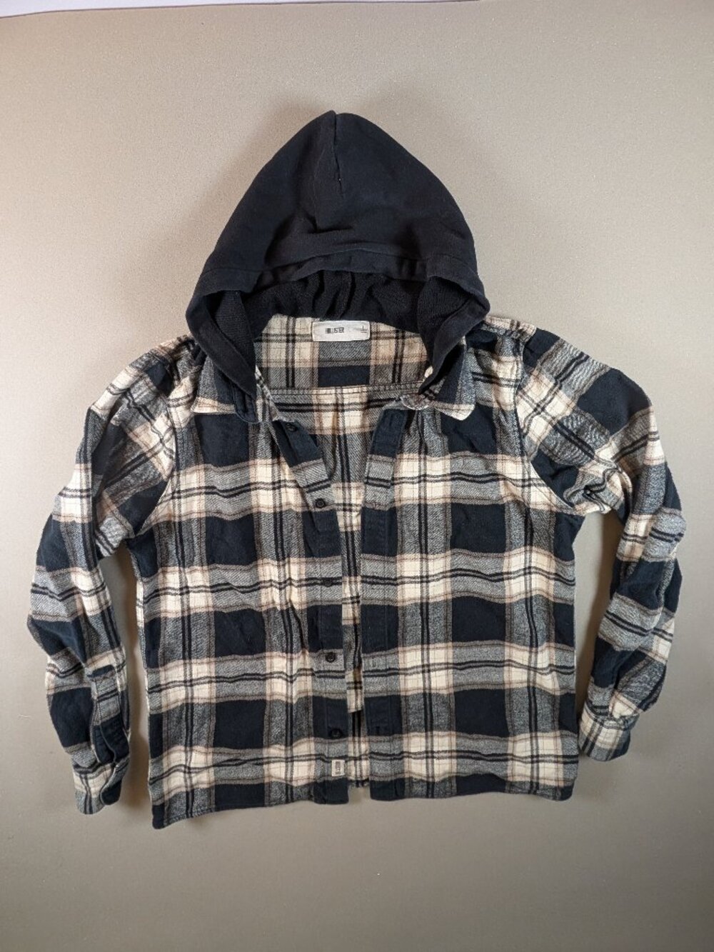 Men's Hollister Flannel Button Up Shacket Hoodie Navy Blue n Cream Plaid Size L